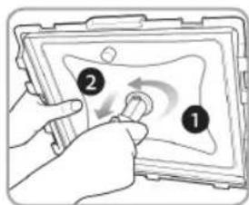 Diagram showing a hand holding a tablet device with labeled parts 1 and 2, indicating a step in the process.
