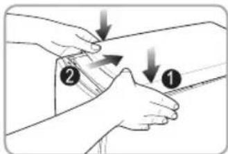 Diagram illustrating two hands performing a manual task with directional arrows indicating movement or force direction.