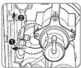 Technical diagram of a mechanical assembly with numbered components and directional arrows indicating motion or movement.