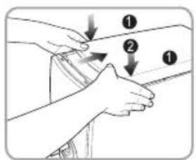 Diagram showing hand positioning of a mechanical component with numbered parts and directional arrows indicating movement.