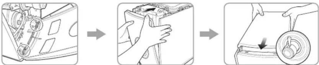 Diagram illustrating the step-by-step installation of a car engine compartment, showing hand positioning and wheel release.