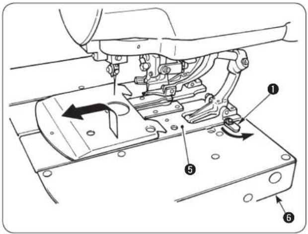 Technical diagram of a sewing machine with numbered parts and directional arrows indicating movement or assembly.