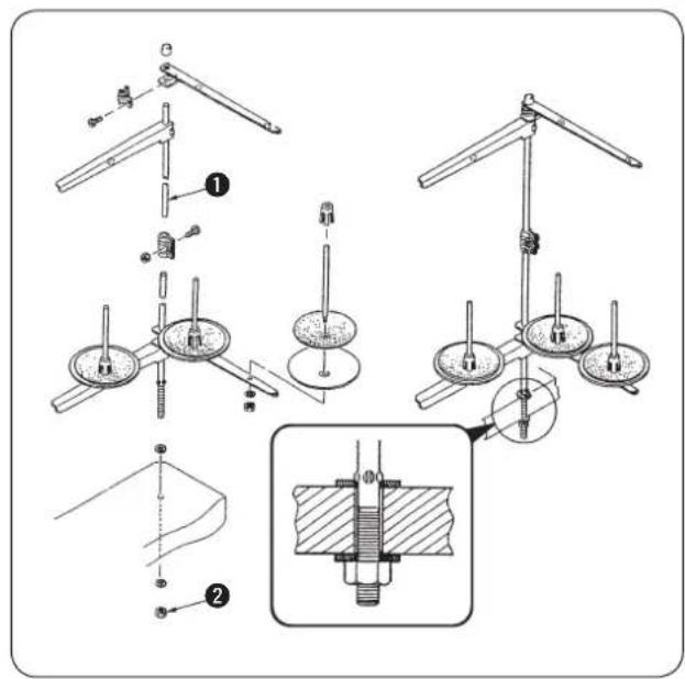 Technical diagram illustrating mechanical assembly steps with labeled components and a magnified detail view