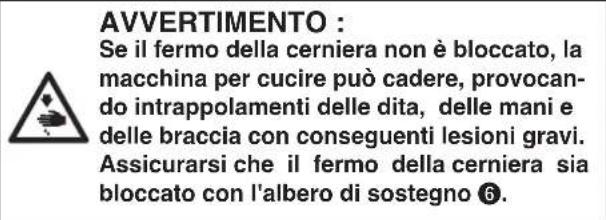 AVVERTIMENTO : Se il fermo della cerniera non è bloccato, la macchina per cucire può cadere, provocando intrappolamenti delle dita, delle mani e delle braccia con conseguenti lesioni gravi. Assicurarsi che il fermo della cerniera sia bloccato con l'albero di sostegno ⑥.