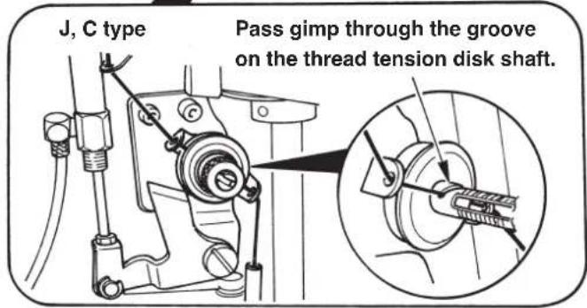 J, C type Pass gimp through the groove on the thread tension disk shaft.