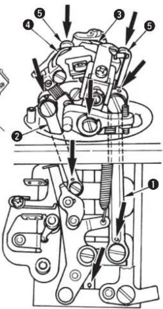 Technical diagram of a mechanical assembly with numbered components and directional arrows indicating parts of each component.
