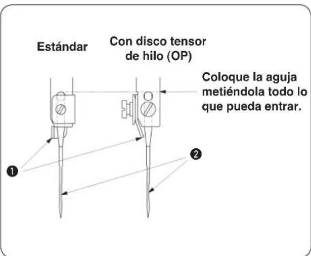 Estándar Con disco tensor de hilo (OP) Coloque la aguja metiéndola todo lo que pueda entrar.