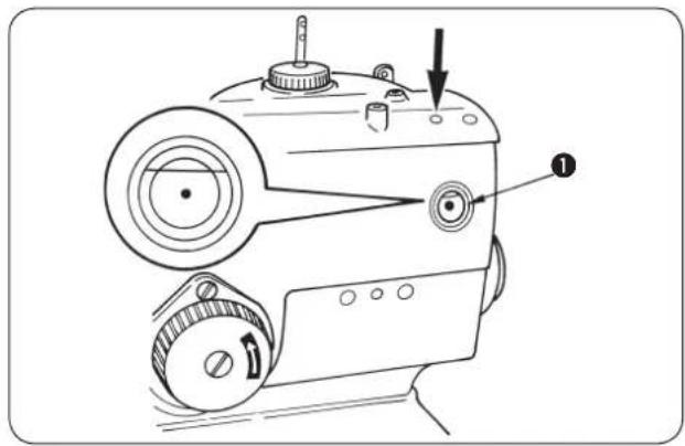 Technical diagram of a sewing machine with labeled parts and directional arrow indicating motion