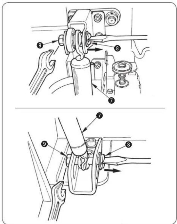 Technical diagram showing mechanical assembly steps with numbered components and directional arrows indicating motion or movement.