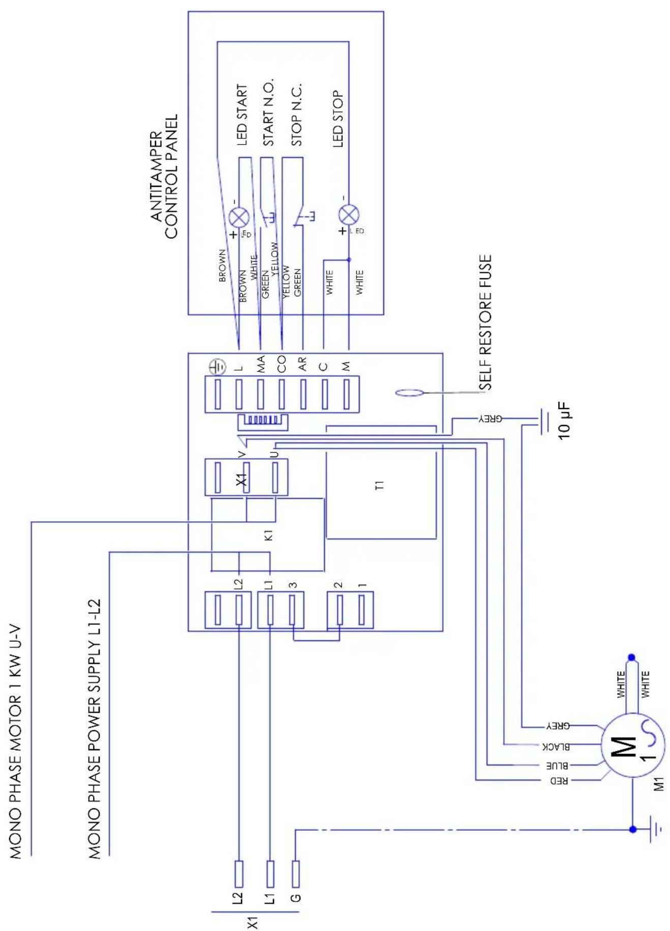 MONO PHASE MOTOR 1 KW U-V MONO PHASE POWER SUPPLY L1-L2 X1 L2 L1 G K1 X1 V U T1 BROWN + BROWN WHITE GREEN YELLOW YELLOW GREEN WHITE WHITE + LED START START N.O. STOP N.C. LED STOP SELF RESTORE FUSE 10 µF RED BLUE BLACK GREY M1 WHITE WHITE