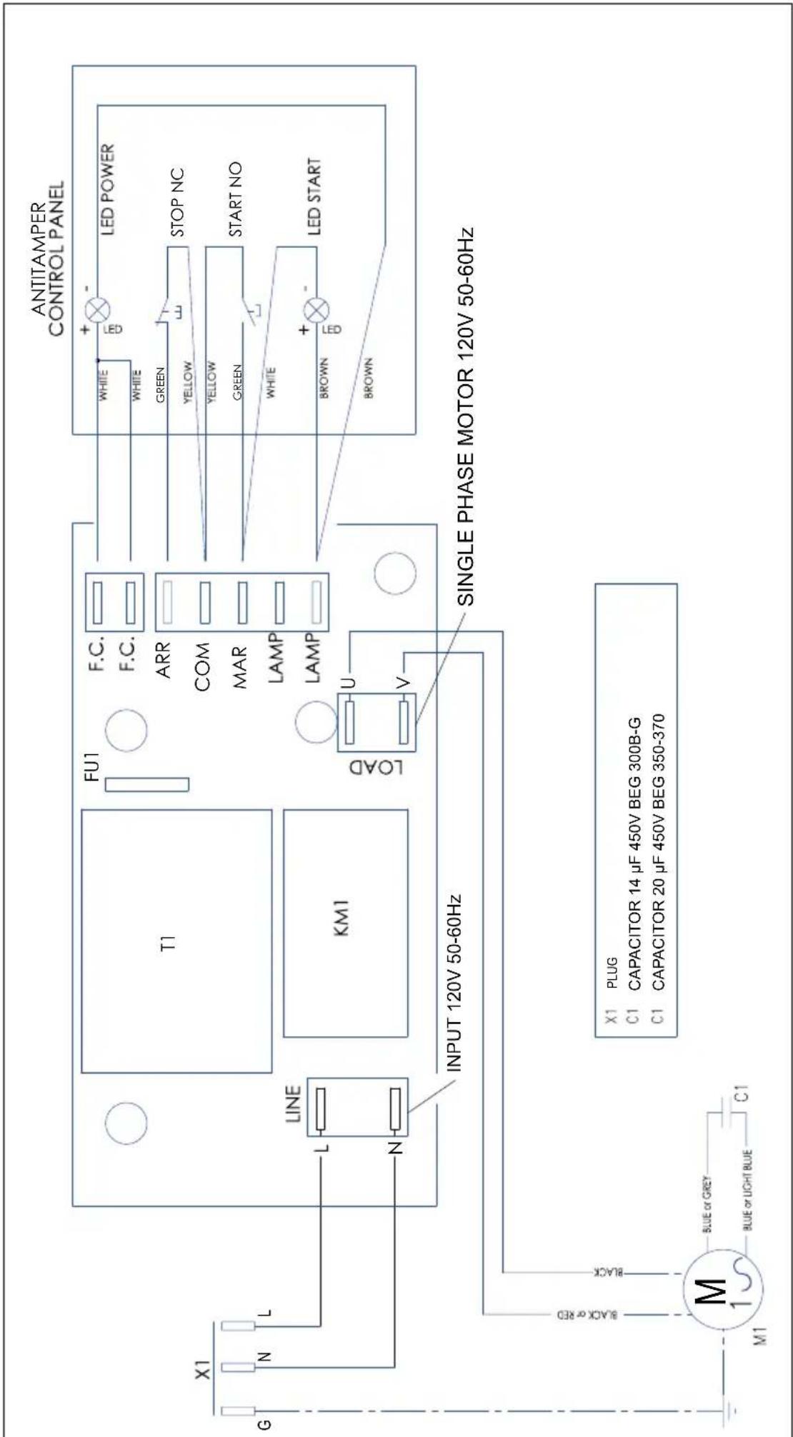 ANTITAMPER CONTROL PANEL FU1 F.C. F.C. ARR COM MAR LAMP LAMP WHITE + - LED POWER STOP NC GREEN YELLOW START NO WHITE BROWN + - BROWN INPUT 120V 50-60Hz LOAD U V SINGLE PHASE MOTOR 120V 50-60Hz X1 PLUG C1 CAPACITOR 14 μF 450V BEG 300B-G C1 CAPACITOR 20 μF 450V BEG 350-370 X1 N L G LINE KM1 INPUT 120V 50-60Hz BLACK or RED BLACK M1 BLUE or GREY BLUE or LIGHT BLUE C1