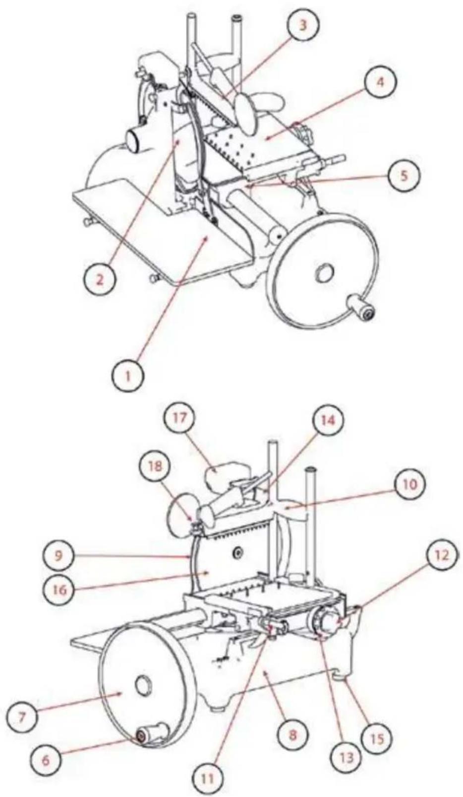 Technical diagram of a mechanical device with numbered parts for identification and assembly reference.