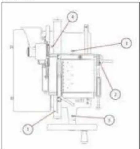 Technical diagram of a mechanical device with numbered components labeled 1 through 5.
