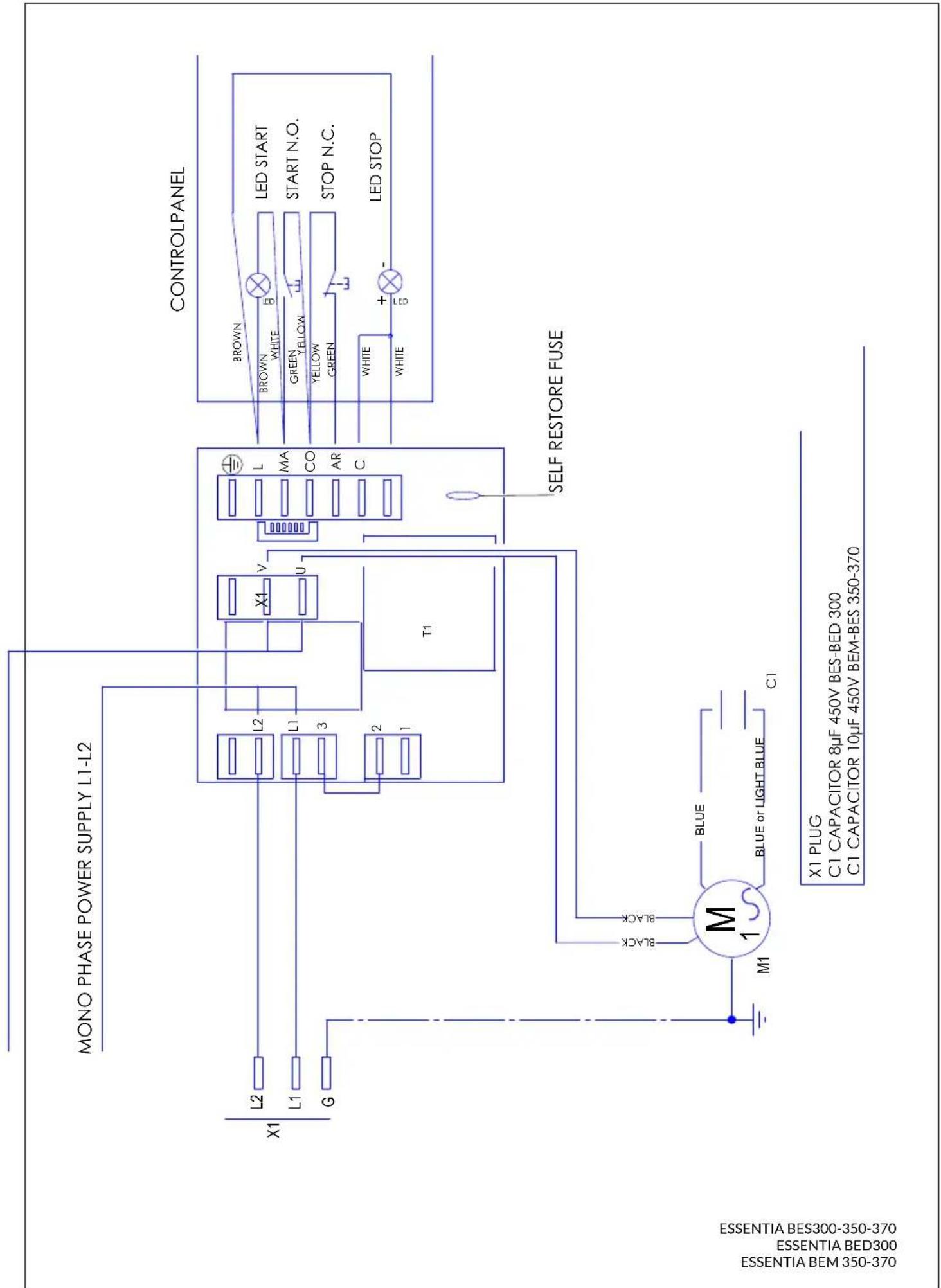 MONO PHASE POWER SUPPLY L1-L2 CONTROL PANEL X1 L2 L1 G L2 L1 3 X1 V U T1 L MA CO AR C BROWN BROWN WHITE LED START START N.O. STOP N.C. LED STOP WHITE + - SELF RESTORE FUSE BLACK BLACK M1 BLUE BLUE or LIGHT BLUE C1 X1 PLUG C1 CAPACITOR 8μF 450V BES-BED 300 C1 CAPACITOR 10μF 450V BEM-BES 350-370 ESSENTIA BES300-350-370 ESSENTIA BED300 ESSENTIA BEM 350-370