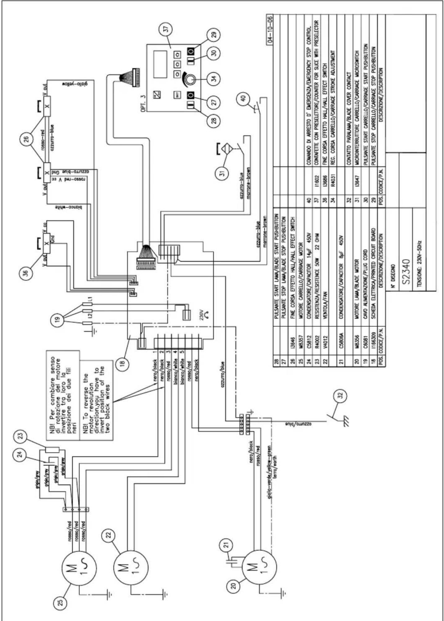 25 M 1~ rozzo/red rozzo/red rozzo/red 24 23 gripio/gray gripio/gray gripio/gray gripio/gray NB! Per combiare senso di rotazione del motore invertire tro loro la posizione dei due fili neri NB! To reverse the motor revolution direction,you have to invert position of the two black wires 19 L2 L1 36 V_out X V cc lond biano-white V_out X rozzo-red V cc azzurro-blue Gnd ozzurro-blue gialo-yellow 26 OPT. 3 37 28 27 34 30 29 31 azzurro-blue marrone-brown 40 20 21 M 1~ nero/block 1 nero/black 2 rosso/red 3 bianco/white 4 bianco/white 5 rosso/red nero/black azzurro/blue 230V 32 04-10-06 28 PULSANTE START LAMA/BLADE START PUSHBUTTON 27 PULSANTE STOP LAMA/BLADE STOP PUSHBUTTON 26 I3646 FINE CORSA EFFETTO HALL/HALL EFFECT SWITCH 25 MB357 MOTORE CARRELLO/CARRIAGE MOTOR 24 C5812 CONDENSATORE/CAPACITOR 14μF 450V 40 COMANDO DI ARRESTO D' EMERGENZA/EMERGENCY STOP CONTROL 23 R4002 RESISTENZA/RESISTENCE 50W 22 OHM 37 CONTAFETTE CON PRESELETTORE/COUNTER FOR SLICE WITH PRESELECTOR 22 V4012 VENTOLA/FAN 36 I3686 FINE CORSA EFFETTO HALL/HALL EFFECT SWITCH 34 R4031 REG. CORSA CARRELLO/CARRIAGE STROKE ADJUSTMENT 21 C5806A CONDENSATORE/CAPACITOR 8μF 450V 32 CONTATTO PARALAMA/BLADE COVER CONTACT 20 MB356 MOTORE LAMA/BLADE MOTOR 31 I3647 MICROINTERRUTTORE CARRELLO/CARRIAGE MICROSWITCH 19 C6081 CAVO ALIMENTAZIONE/PLUG CORD 30 PULSANTE START CARRELLO/CARRIAGE START PUSHBUTTON 18 I166309 SCHEDA ELETTRICA/PRINTED CIRCUIT BOARD 29 PULSANTE STOP CARRELLO/CARRIAGE STOP PUSHBUTTON POS. CODICE/P.N. DESCRIZIONE/DESCRIPTION POS. CODICE/P.N. DESCRIZIONE/DESCRIPTION N° DISEGNO S2340 TENSIONE: 230V~50Hz