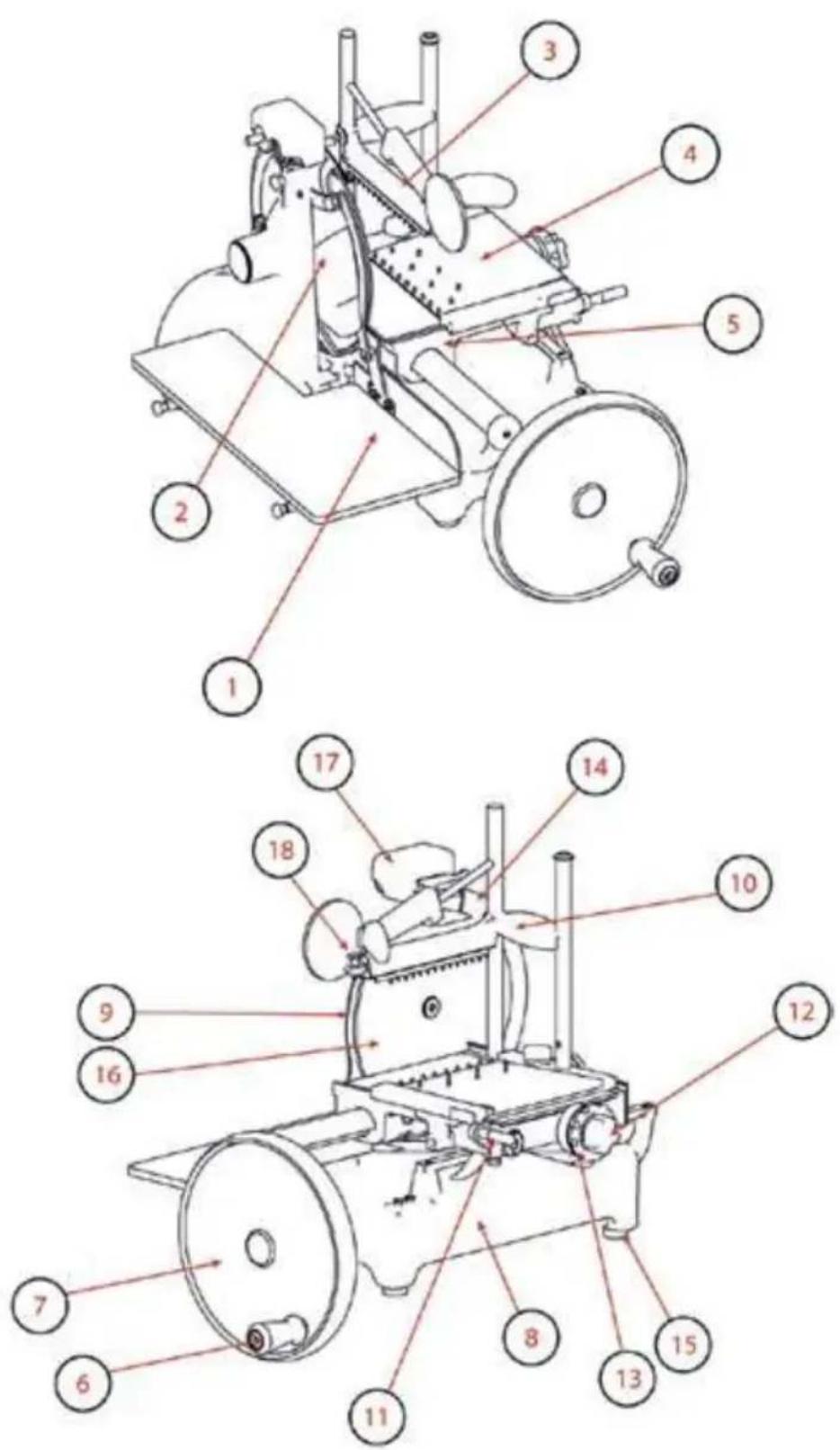 Technical diagram of a mechanical device with numbered parts for identification and assembly reference.