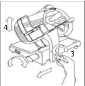 Technical diagram showing a mechanical device with labeled parts 3 and 4, indicating assembly or operation steps.