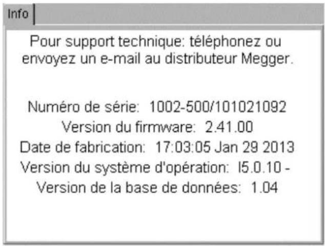 Megger PAT420 - A PROPOS - version du logiciel du PAT400 et coordonnées de megger - 2