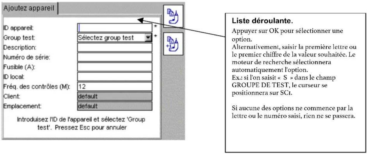 Megger PAT420 - Listes déroulantes: - 1