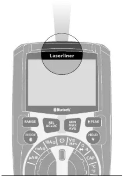 Laserliner Bluetooth® RANGE REL AC+DC MIN MAX AVG PEAK MODE 10A V8 Hz Q HOLD μA CAP °C °F