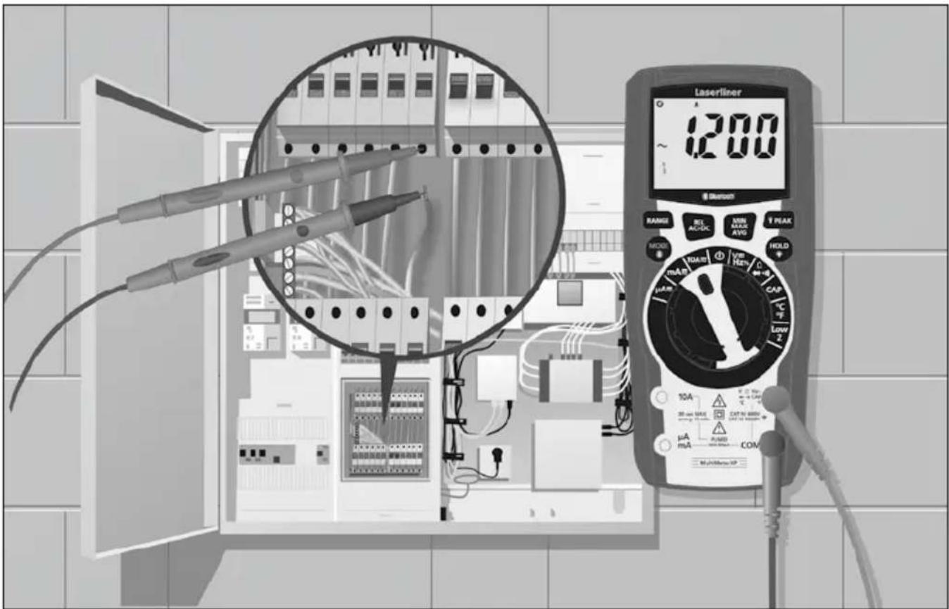 Laserliner 1200 ~ Bluetooth RANGE REL AC/DC VDD MARK AVG T PEAK MEO RISK mA PU Hz C H CAP Low 2 10A 20-50 MAX 30-50 VDD 40-70 A μA mA COM MultiMeter XP