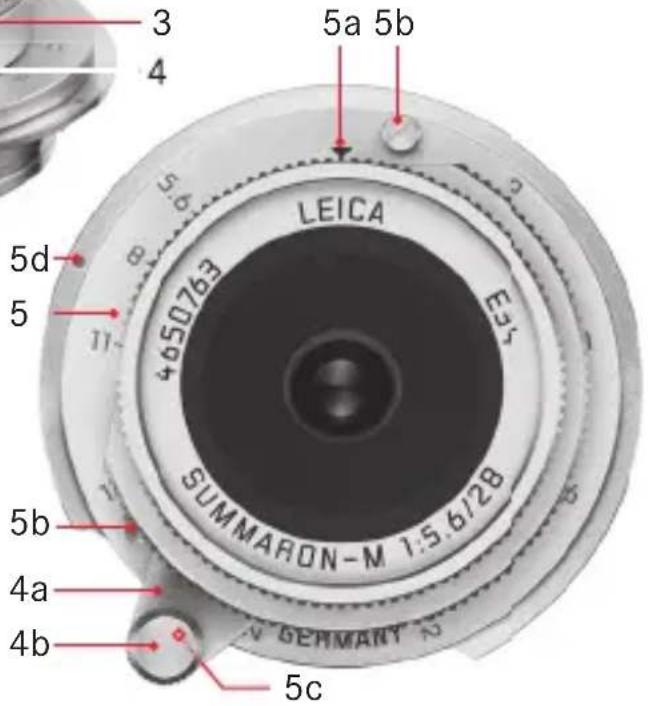 3 4 5a 5b LEICA 4650763 E3~ SUMMARON-M 1:5.6/28 5d 5 5b 4a 4b 5c V GERMANY N