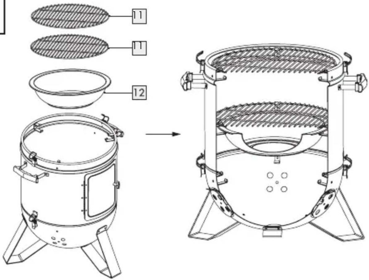 Technical diagram showing the assembly of a portable stove with labeled components and a 3D view before and after modification.