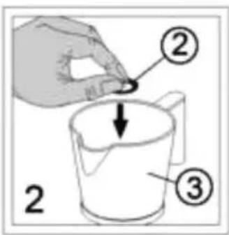 Diagram showing a hand holding a small object into a measuring cup, with numbered parts labeled ② and ③.