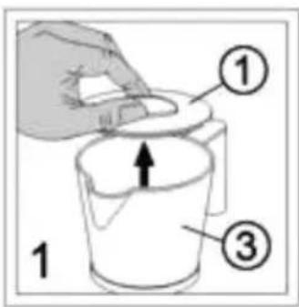 Diagram showing a hand holding a lid over a bucket with numbered parts and an upward arrow indicating motion or direction.