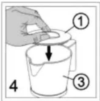 Diagram showing a hand holding a lid over a cup with labeled parts ①, ③, and ④, indicating a step in the process.