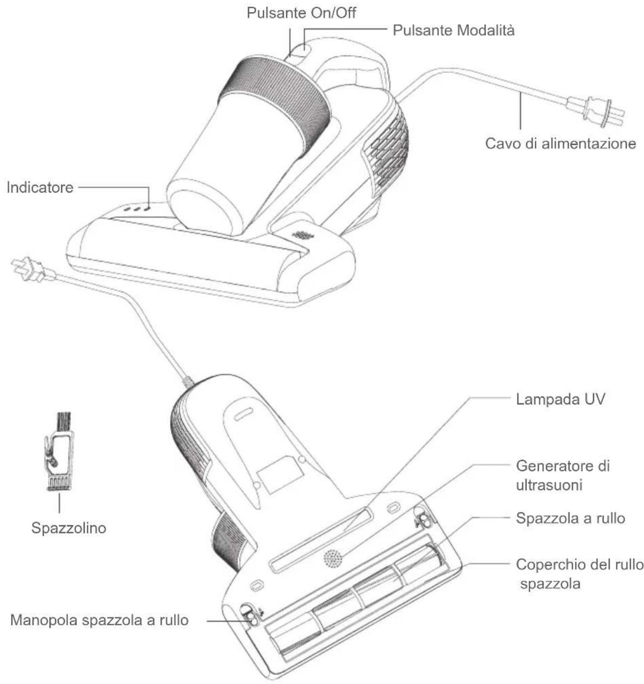 Pulsante On/Off Pulsante Modalità Cavo di alimentazione Indicatore Lampada UV Generatore di ultrasuoni Spazzola a rullo Coperchio del rullo spazzola Spazzolino Manopola spazzola a rullo
