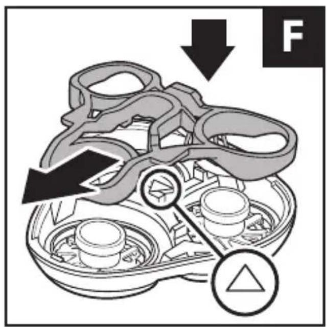 Technical diagram showing mechanical assembly with labeled components and directional arrows, including a symbol 'F' and triangle marker.