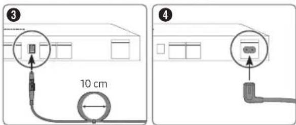 Diagram showing two installation steps with a 10 cm cable and a close-up of a device with a labeled component.