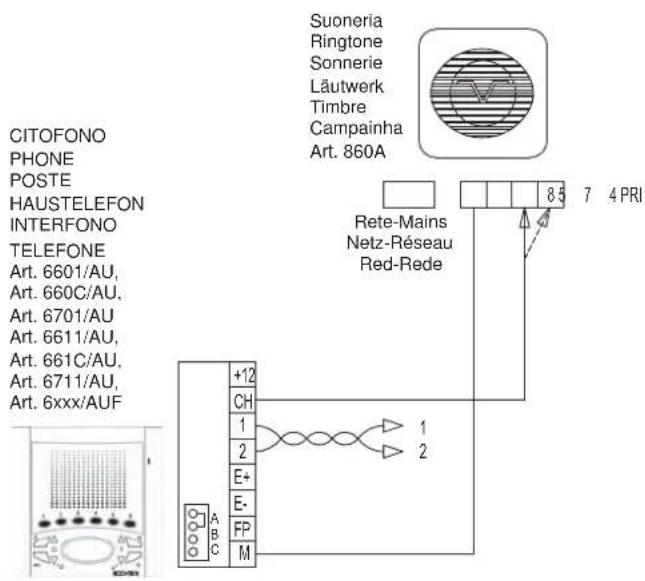 Vimar ELVOX 6611AU - Esquema de ligação da campainha suplementar electrónica art. 860A. - 1