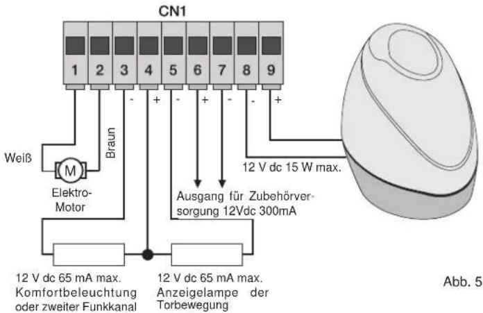 Vimar ELVOX RA98 - 4.2- Verkabelung von Blinkleuchte, Komfortbeleuchtung und Anzeigelampe der Torbewegung - 1