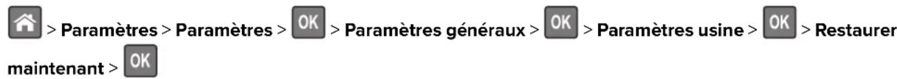 > Paramètres > Paramètres > OK > Paramètres généraux > OK > Paramètres usine > OK > Restaurer maintenant > OK