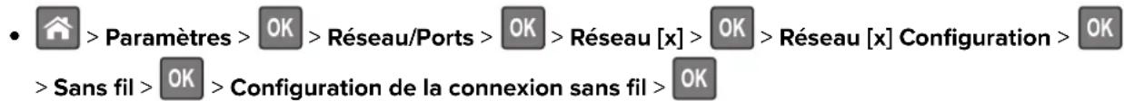 • > Paramètres > OK > Réseau/Ports > OK > Réseau [x] > OK > Réseau [x] Configuration > OK > Sans fil > OK > Configuration de la connexion sans fil > OK