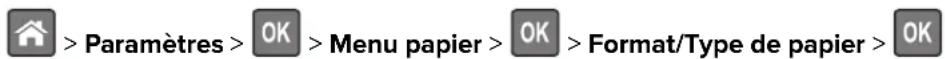> Paramètres >OK >Menu papier >OK >Format/Type de papier >OK