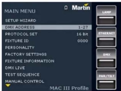 MARTIN MAC III Profile - Réglage de l'adresse DMX - 1