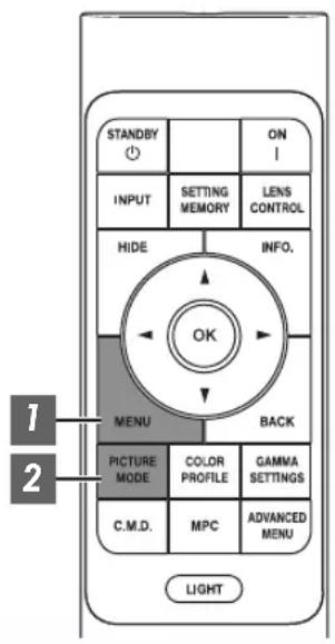 STANDBY ON INPUT SETTING MEMORY LENS CONTROL HIDE INFO. OK MENU BACK PICTURE MODE COLOR PROFILE GAMMA SETTINGS C.M.D. MPC ADVANCED MENU LIGHT 1 2