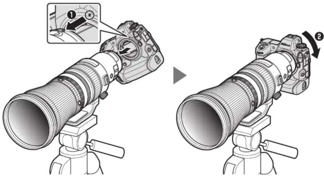 NIKON NIKKOR Z 600mm f4 TC VR S - Lorsque l'objectif est fixé à un trépied : fixation du boîtier de l'appareil photo - 1