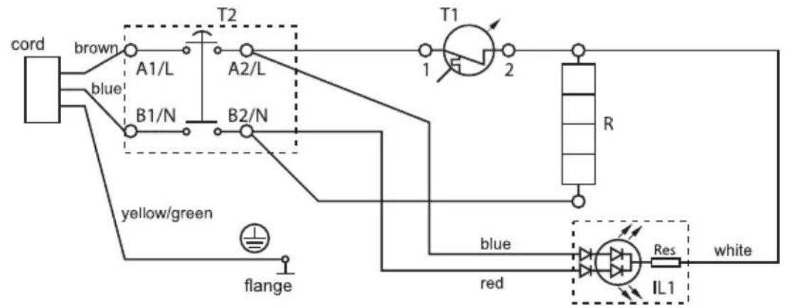 cord brown A1/L T2 A2/L B1/N B2/N yellow/green flange blue T1 1 2 R blue red Res IL1 white