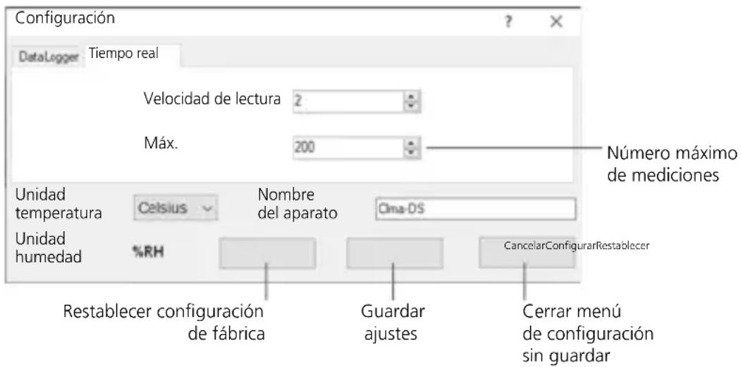 Configuración DataLogger Tiempo real Velocidad de lectura 2 Máx. 200 Número máximo de mediciones Unidad temperatura Celsius Nombre del aparato Clima-DS Unidad humedad %RH CancelarConfigurarRestablecer Restablecer configuración de fábrica Guardar ajustes Cerrar menú de configuración sin guardar