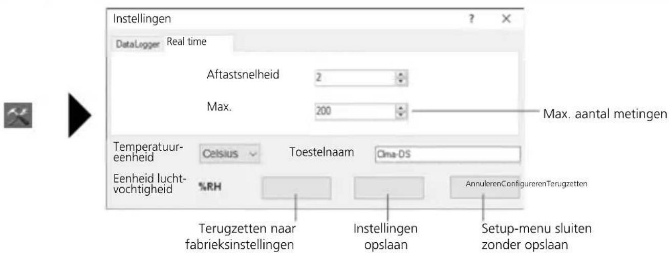 Instellingen DataLogger Real time Aftastsnelheid 2 Max. 200 Max. aantal metingen Temperatuur-eenheid Celsius Toestelnaam Alma-DS Eenheid lucht-vochtigheid %RH AnnulerenConfigurerenTerugzetten Terugzetten naar fabrieksinstellingen Instellingen opslaan Setup-menu sluiten zonder opslaan