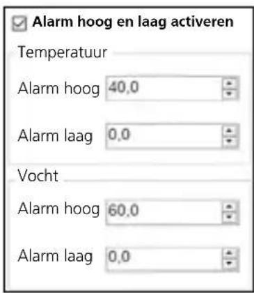 Alarm hoog en laag activeren Temperatuur Alarm hoog 40,0 Alarm laag 0,0 Vocht Alarm hoog 60,0 Alarm laag 0,0