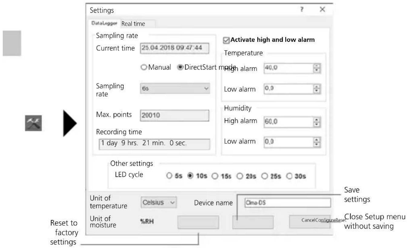 Settings DataLogger Real time Sampling rate Current time 25.04 2018 09:47:44 □ Activate high and low alarm Temperature ○ Manual ● DirectStart mode High alarm 40,0 Sampling rate 6s Max. points 20010 Recording time 1 day 9 hrs. 21 min. 0 sec. Low alarm 0,0 Humidity High alarm 60,0 Low alarm 0,0 Other settings LED cycle ○ 5s ● 10s ○ 15s ○ 20s ○ 25s ○ 30s Unit of temperature Celsius Device name Cima-DS Save settings Unit of moisture %RH CancelConfigureReset Close Setup menu without saving Reset to factory settings
