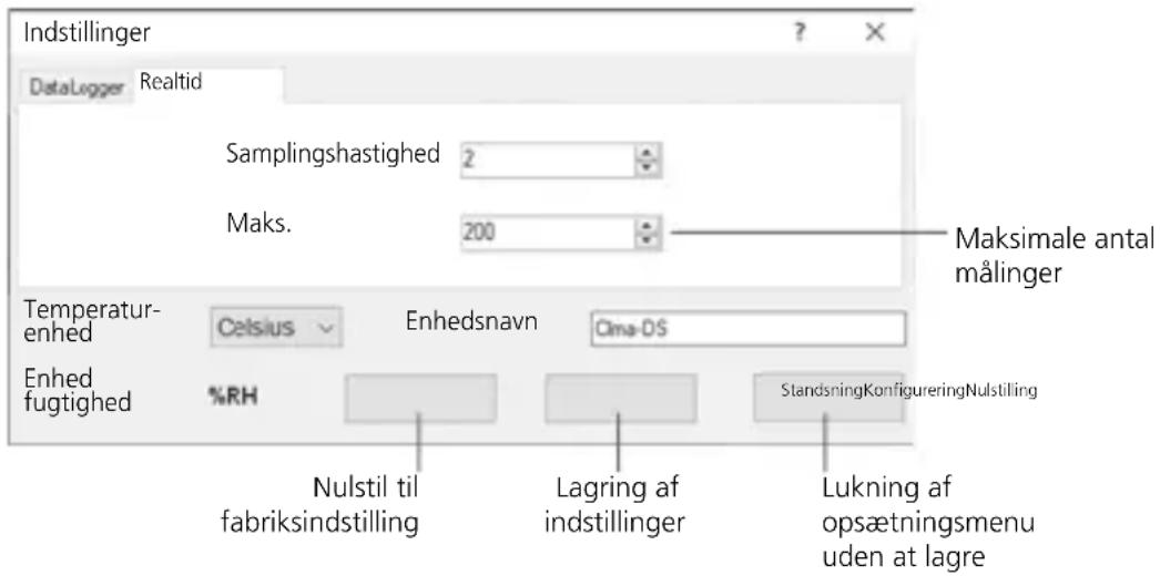 Indstillinger DataLogger Realtid Samplingshastighed 2 Maks. 200 Maksimale antal målinger Temperatur- enhed Celsius Enhedsnavn Cima-OS Enhed fugtighed %RH Nulstil til fabriksindstilling Lagring af indstillinger Lukning af opsætningsmenu uden at lagre