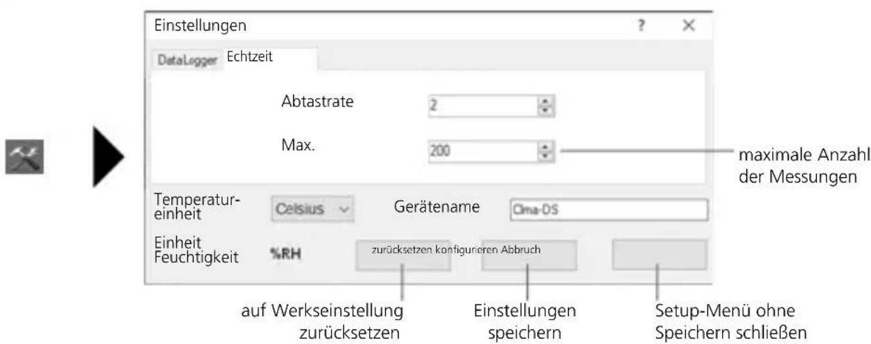Einstellungen DataLogger Echtzeit Abtastrate 2 Max. 200 maximale Anzahl der Messungen Temperatur-einheit Celsius Gerätename Alma-DS Einheit Feuchtigkeit %RH zurücksetzen konfigurieren Abbruch auf Werkseinstellung zurücksetzen Einstellungen speichern Setup-Menü ohne Speichern schließen
