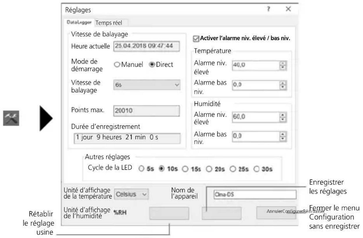 Réglages DataLogger Temps réel Vitesse de balayage Heure actuelle 25.04.2018 09:47:44 Mode de démarrage ○Manuel ●Direct Vitesse de balayage 6s Points max. 20010 Durée d'enregistrement 1 jour 9 heures 21 min 0 s Activer l'alarme niv. élevé / bas niv. Température Alarme niv. élevé 40,0 Alarme bas niv. 0,0 Humidité Alarme niv. élevé 60,0 Alarme bas niv. 0,0 Autres réglages Cycle de la LED ○5s ●10s ○15s ○20s ○25s ○30s Rétabir le réglage usine Unité d'affichage de la température Celsius Nom de l'appareil Cma-DS Unité d'affichage de l'humidité %RH Annuler Configurer Rén taitiser Enregistrer les réglages Fermer le menu Configuration sans enregistrer