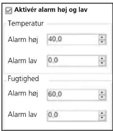 Aktivér alarm høj og lav Temperatur Alarm høj 40,0 Alarm lav 0,0 Fugtighed Alarm høj 60,0 Alarm lav 0,0